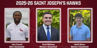 Headshot of three male students serving as Saint Joseph's University's Hawk mascots
