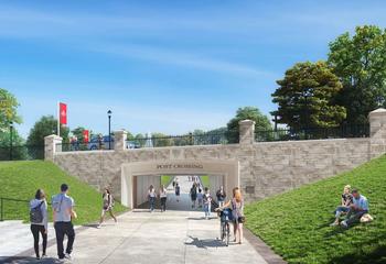 Rendering of students using Post Crossing to walk between Saint Joseph's Lower Merion and West Philadelphia sides of the Hawk Hill campus.