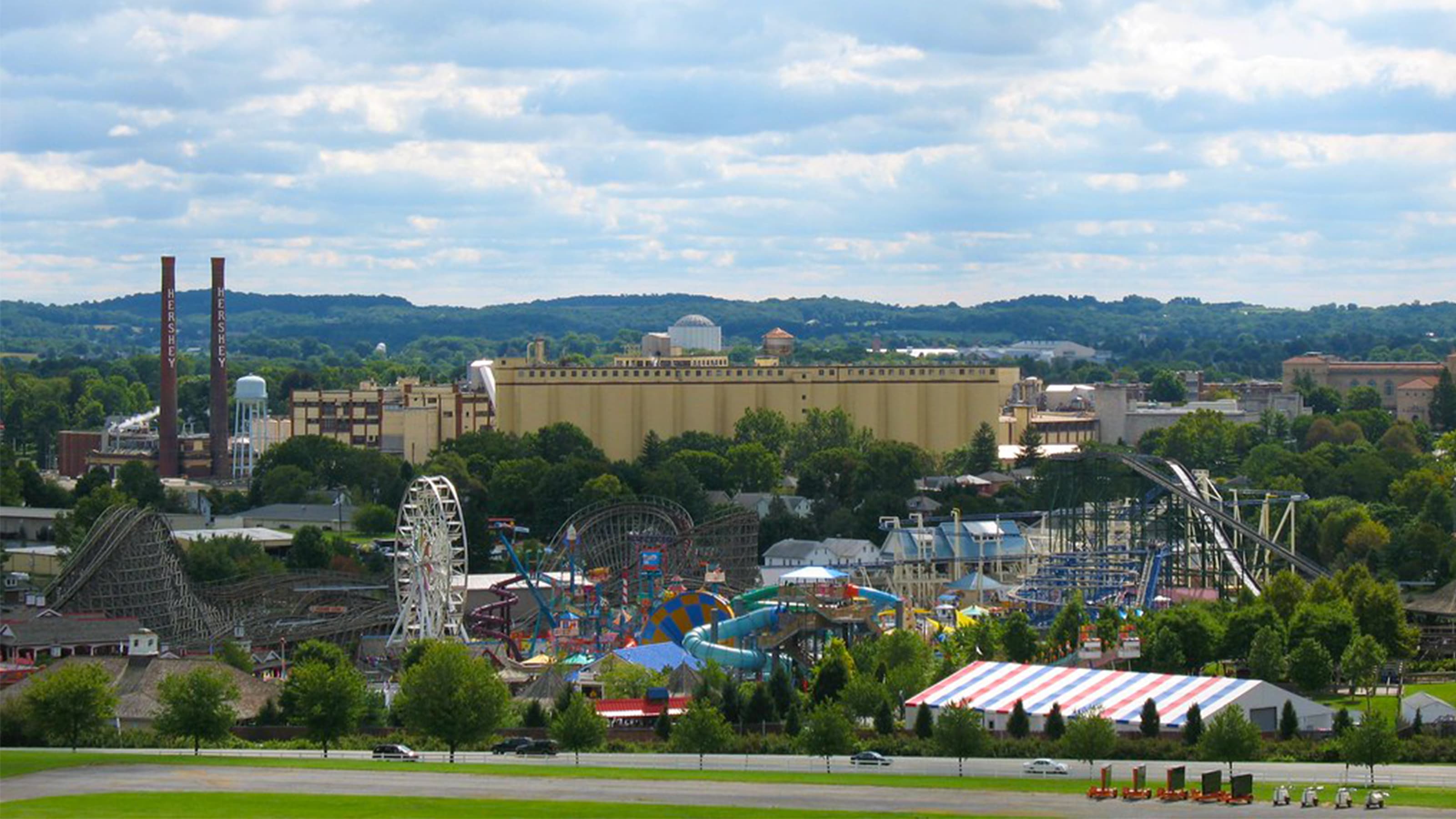 Hershey amusement park, featuring roller coasters and ferris wheel.