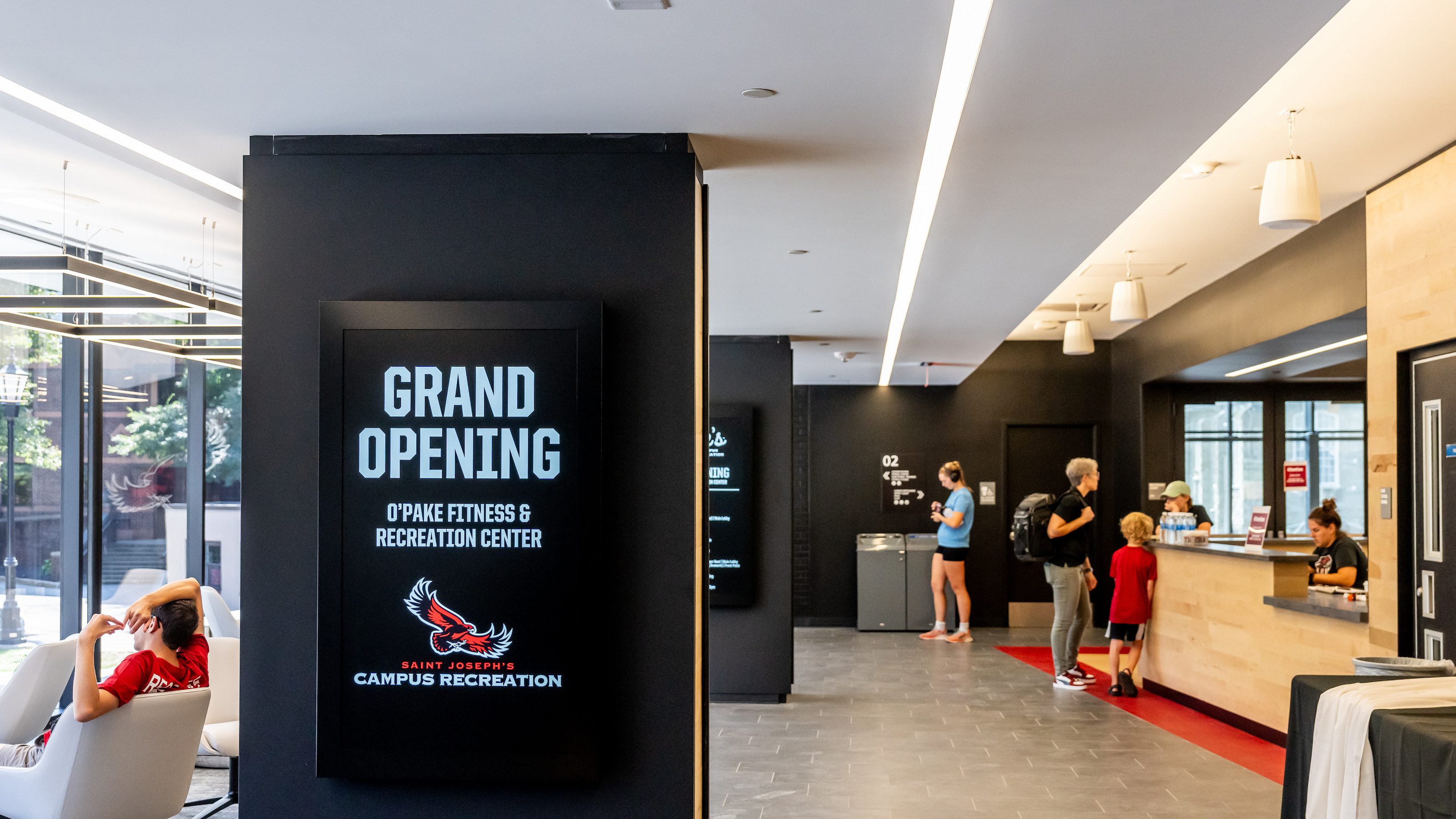 New lobby to the O'Pake Fitness and Recreation Center, featuring a student lounge space.