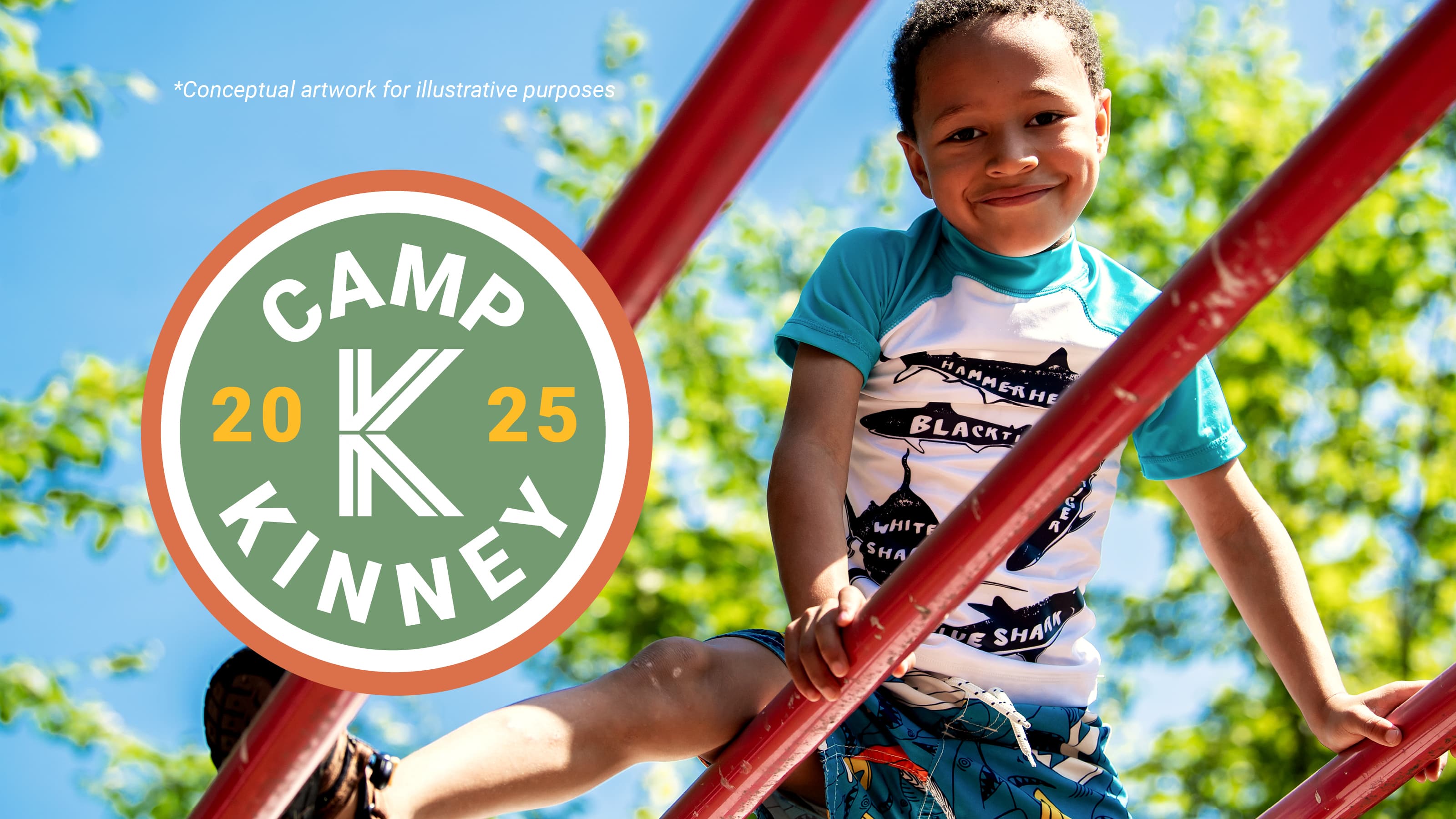 Young student playing outside with green and white Kinney logo on the left