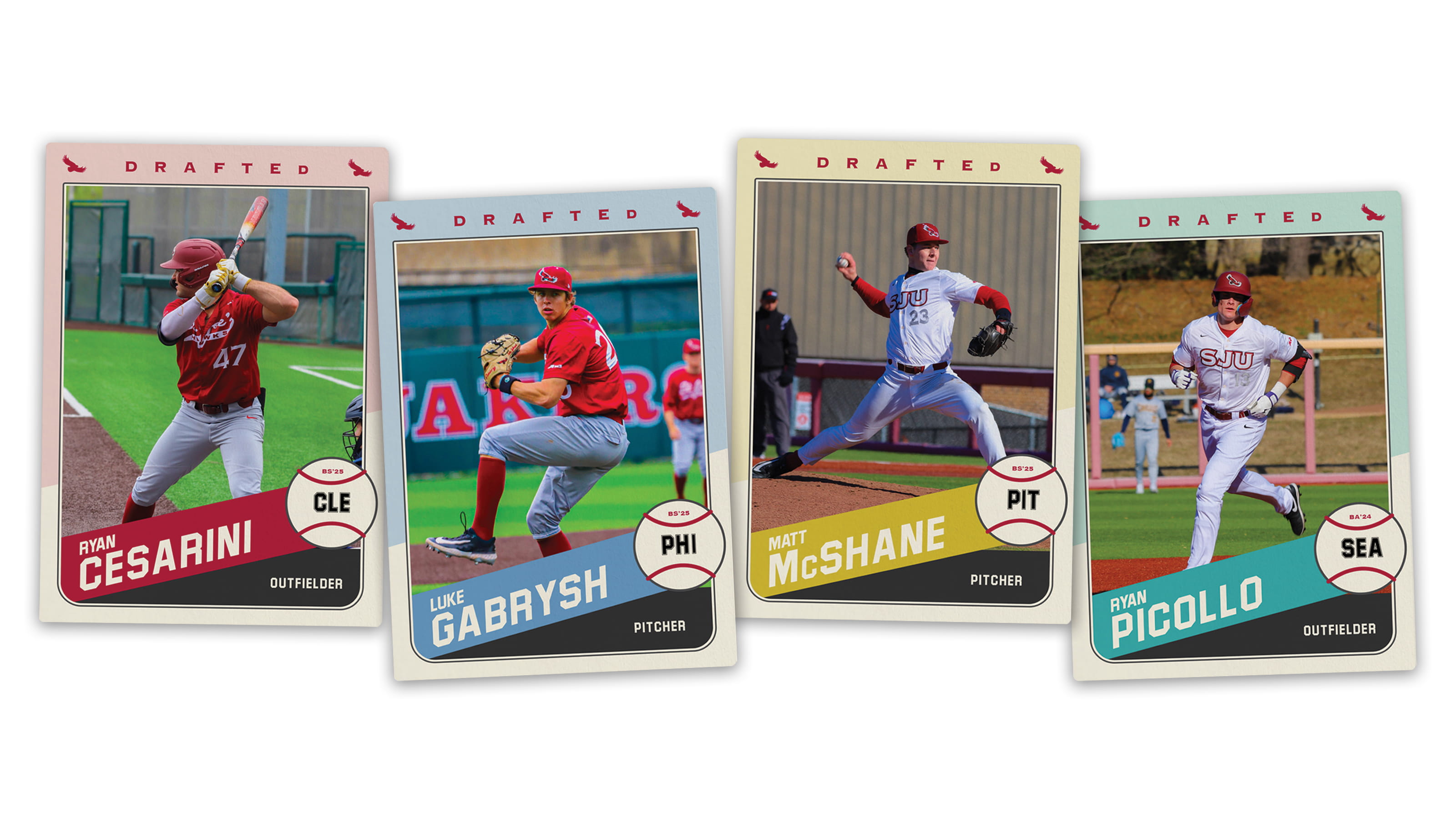 Four baseball cards featuring the MLB drafted player on each one 