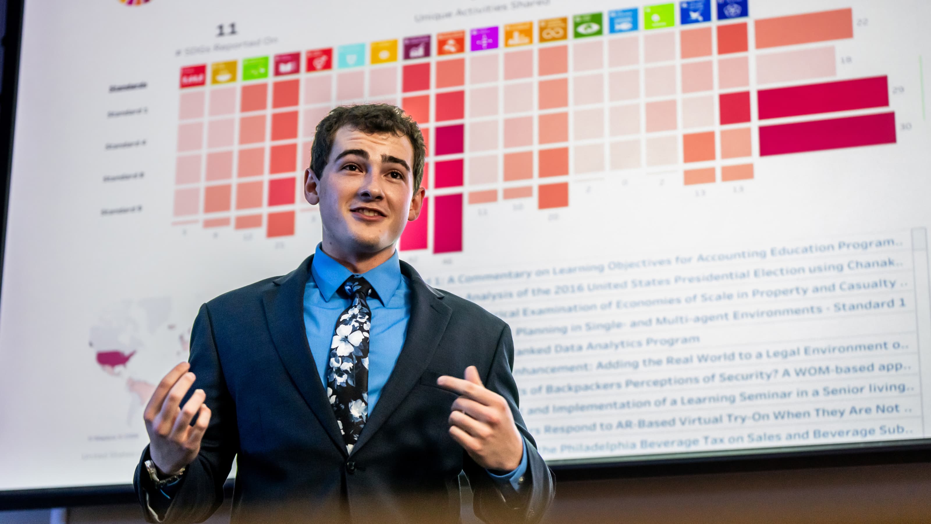 Male Saint Joseph's business student presenting in class standing in front of board of sustainability goals