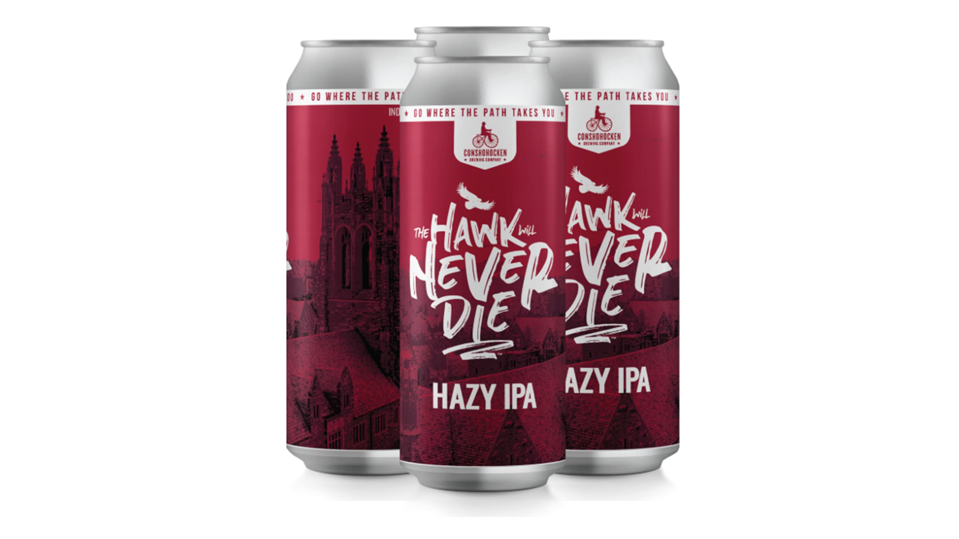 Four cans of The Hawk Will Never Die Hazy IPA