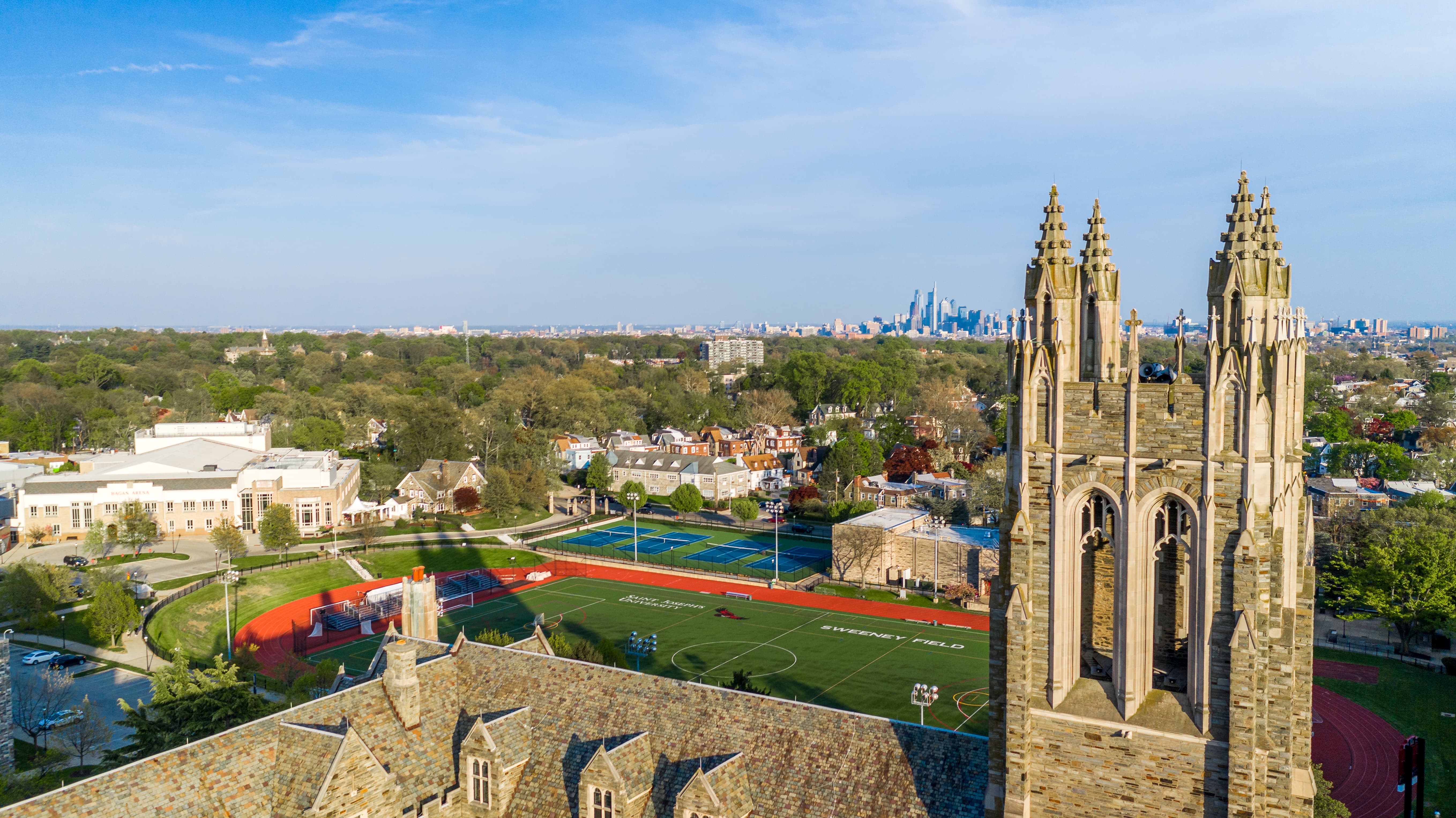 Aerial view of Saint Joseph's campus looking over Sweeney Field and Barbelin Hall