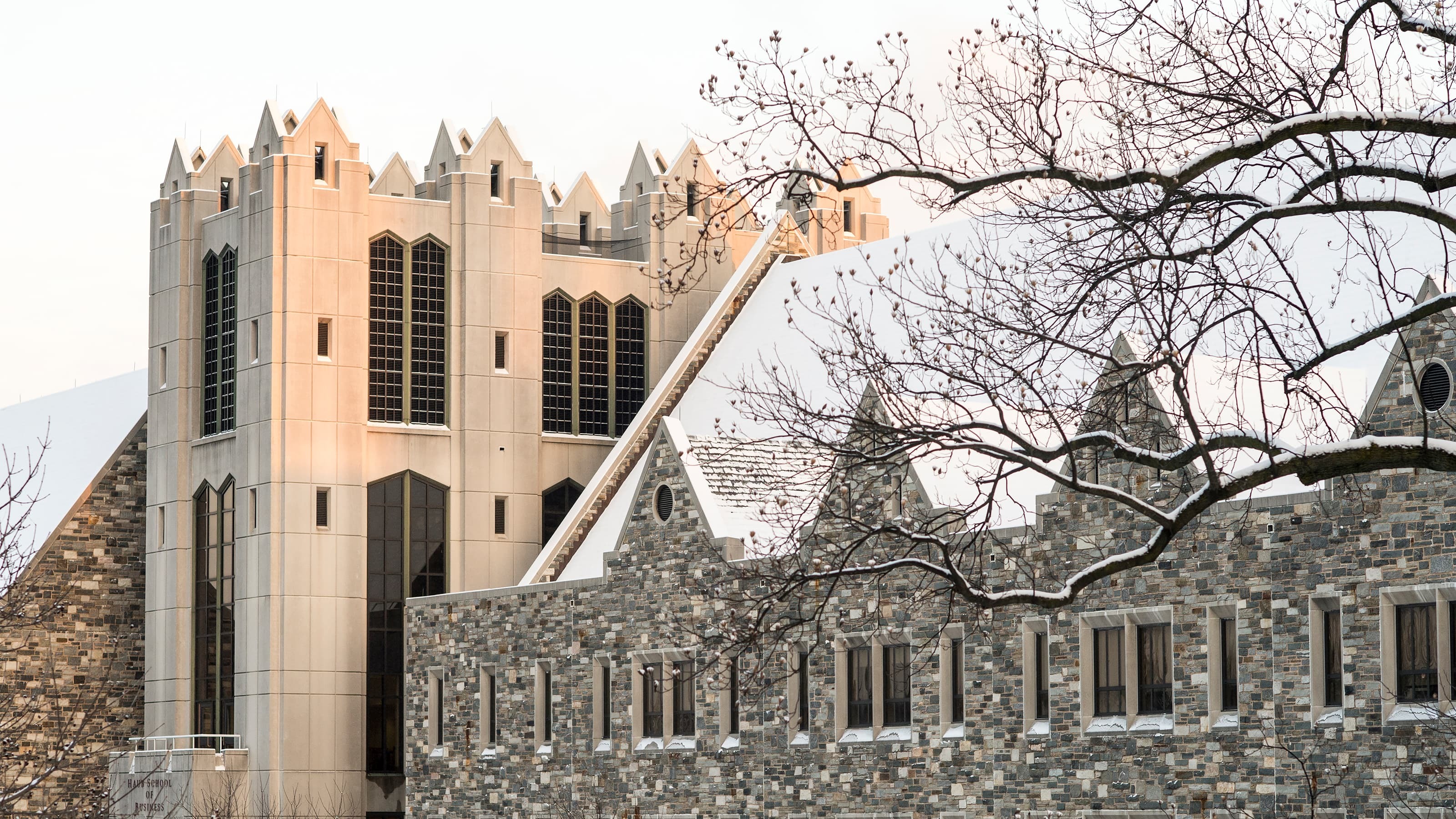 Mandeville Hall, home of the Haub School of Business, with snow on the roof