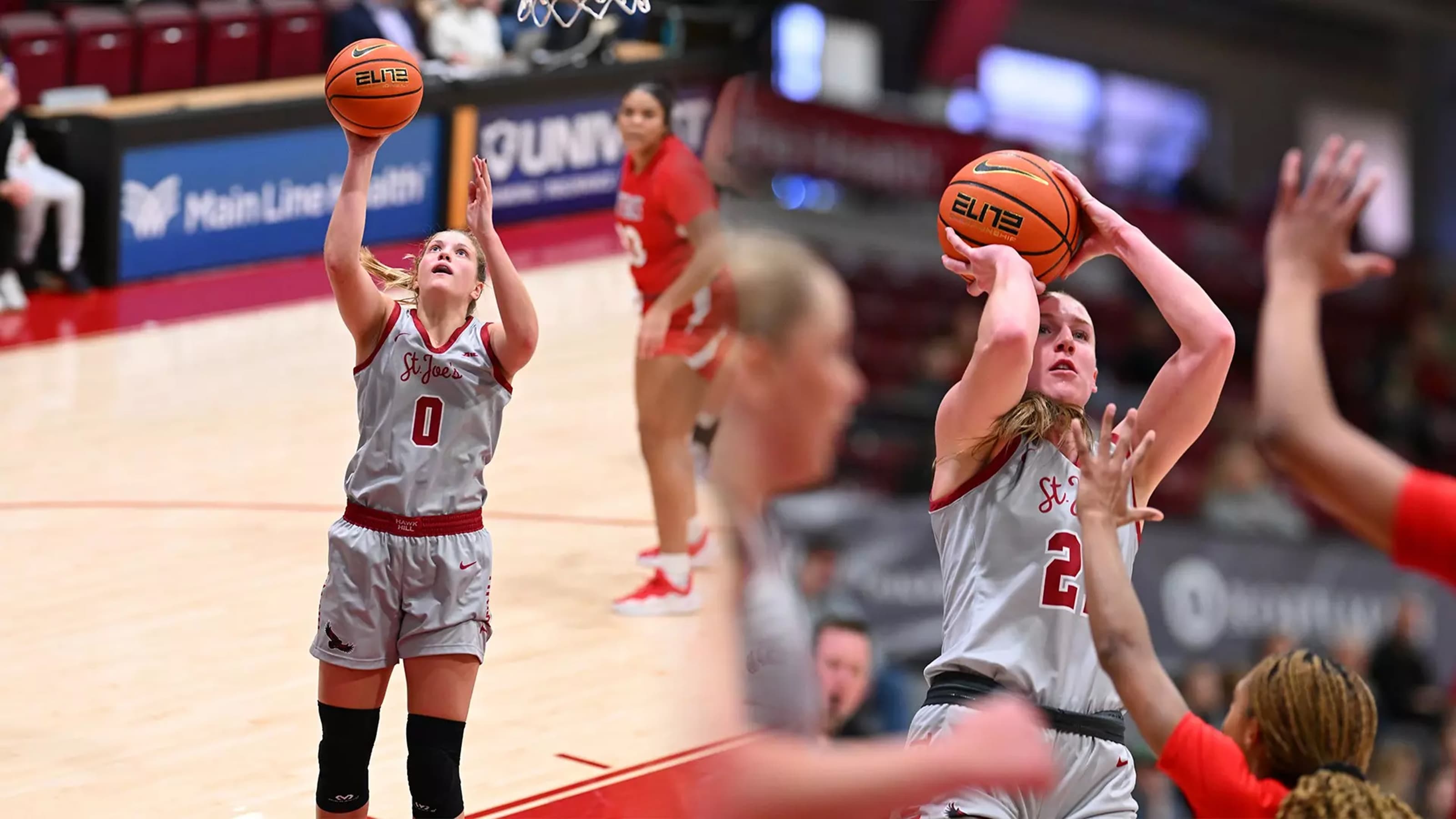 Split image of Talya Brugler on the left and Mackenzie Smith on the right, both on the court throwing the basketball