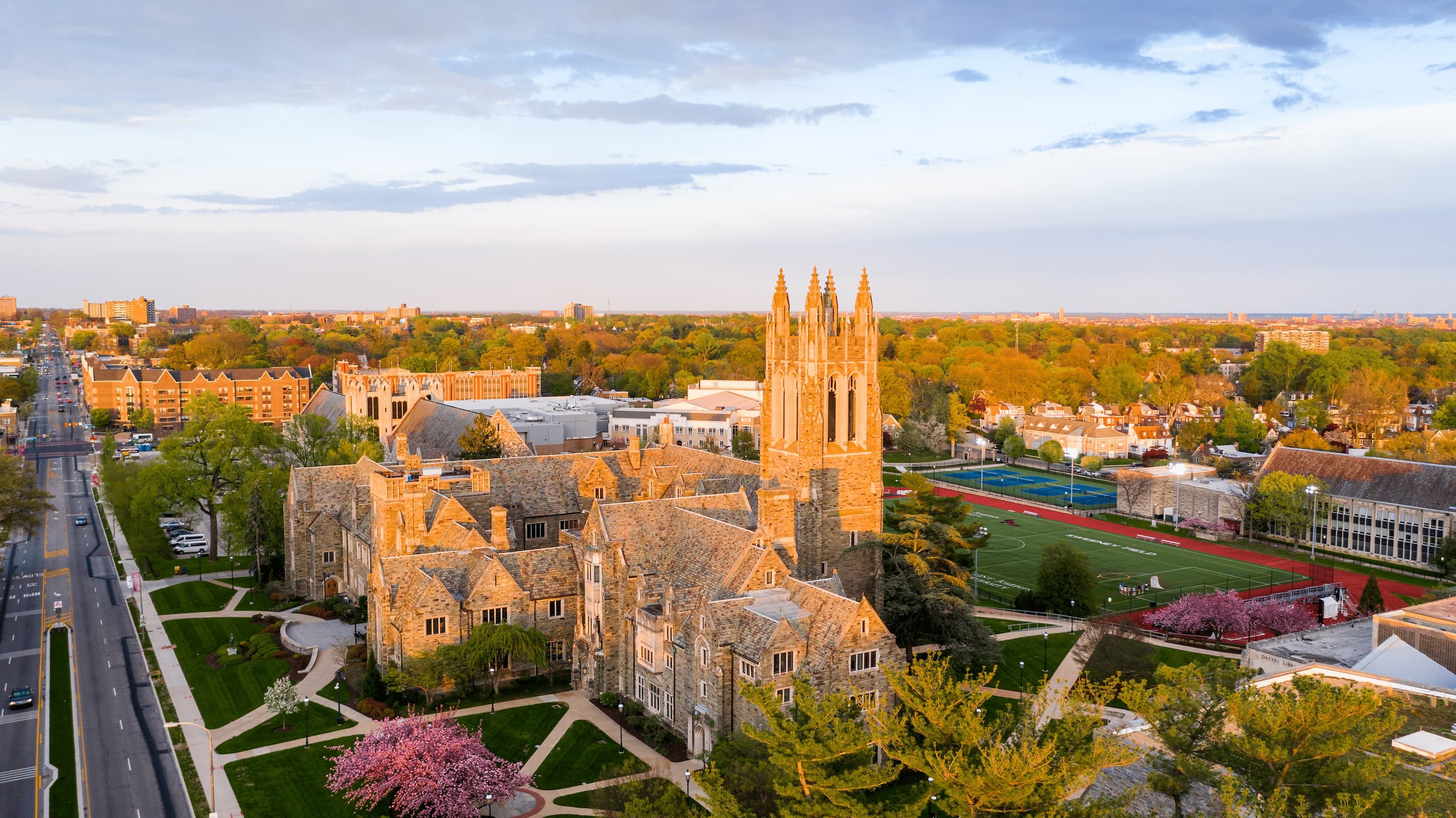 An aerial view of Saint Joseph's campus at sunset. 