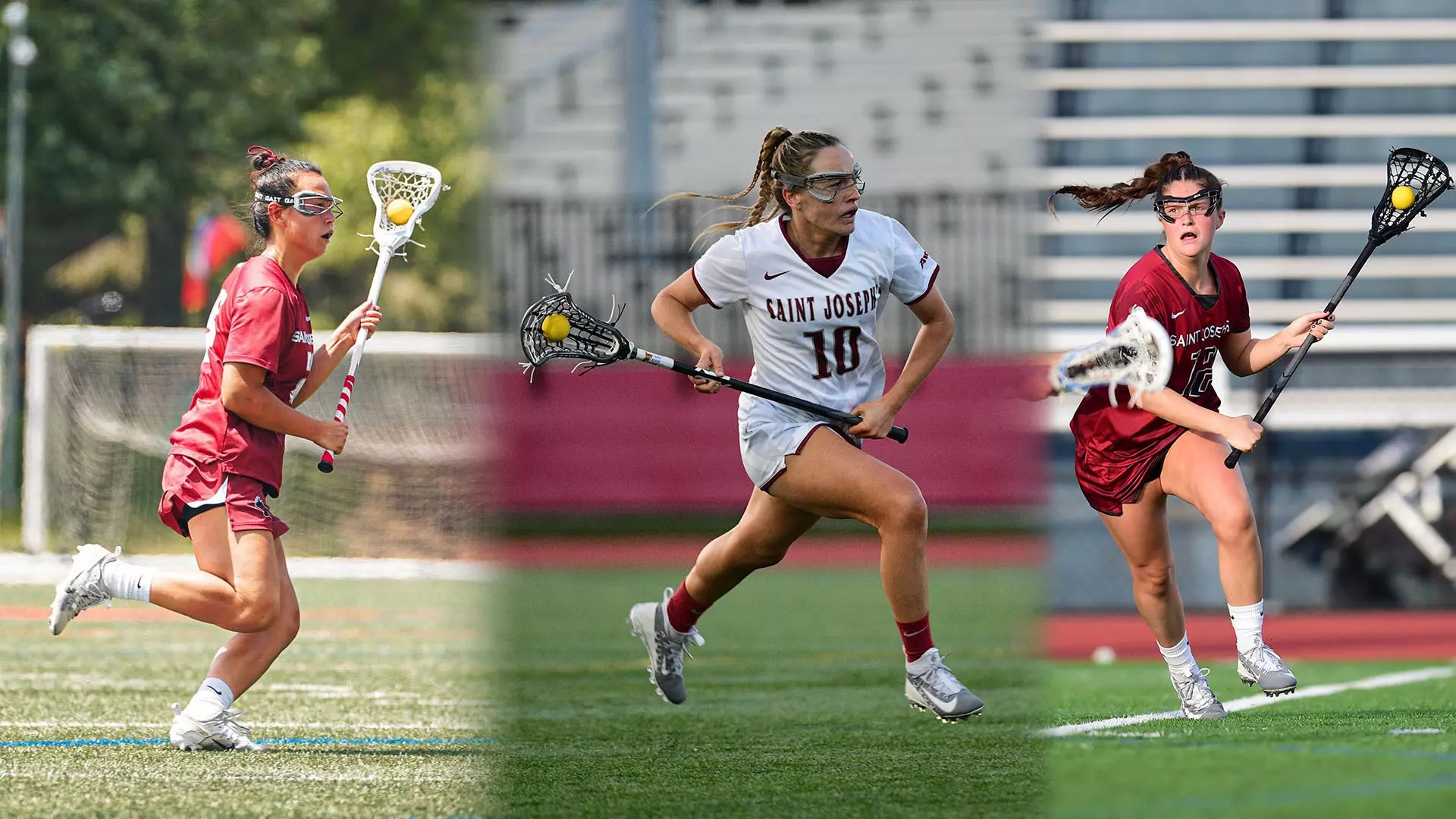 Three female lacrosse players on field