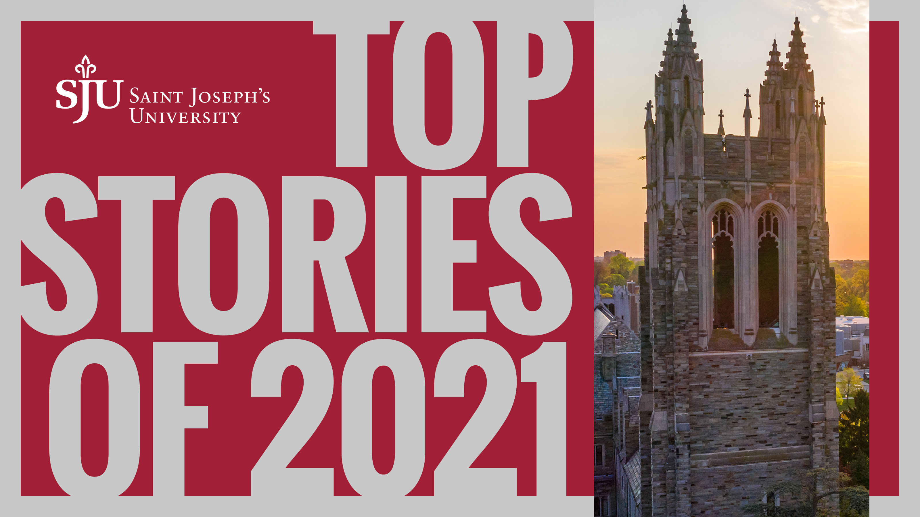 "Top stories of 2021" written in white copy against a red background, framing a photo of Barbelin Hall