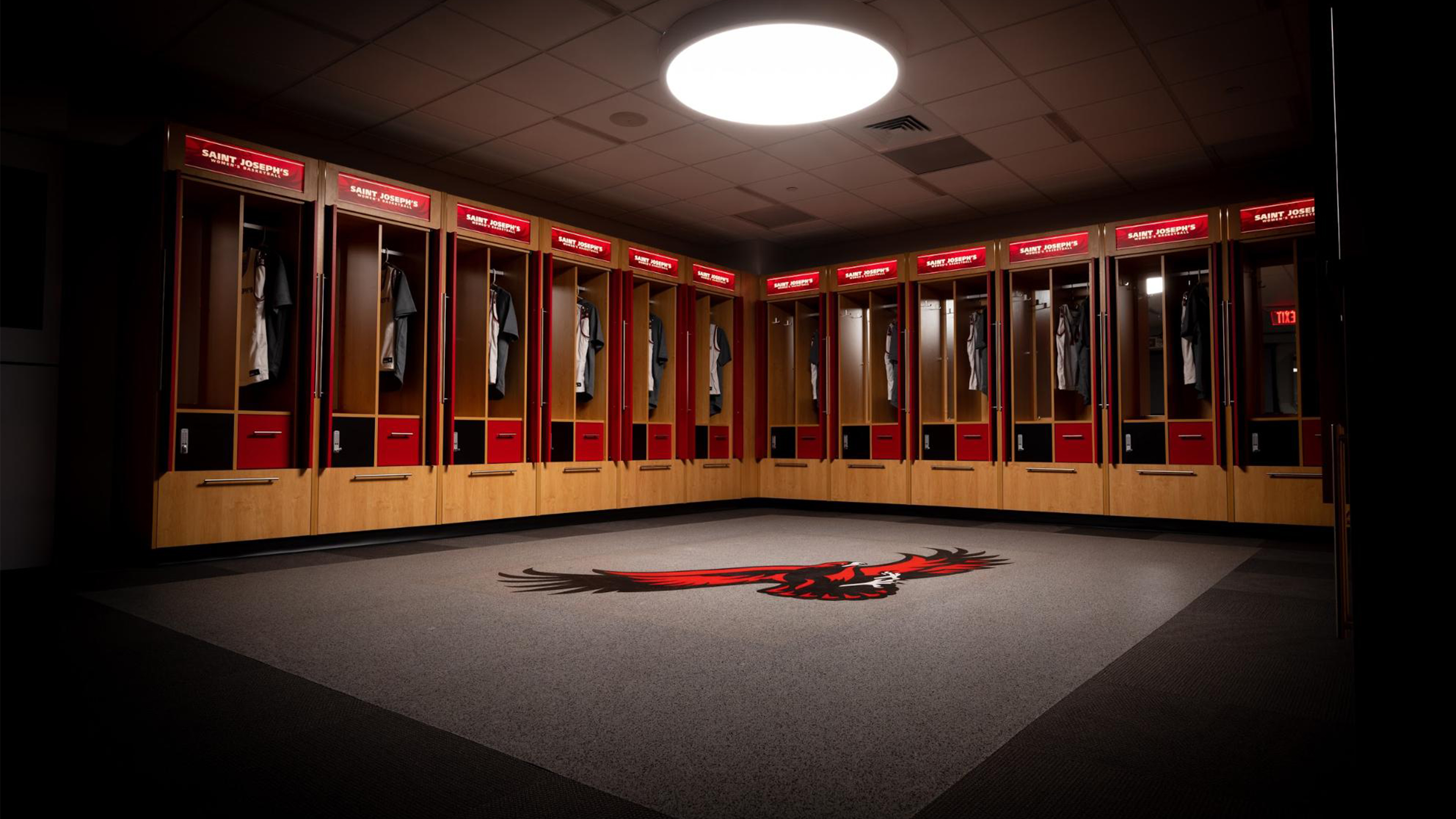 The newly revamped locker room of the women's basketball team.