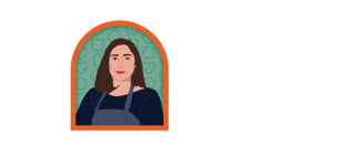 Illustration of a woman with a blue apron on and chocolates in the background