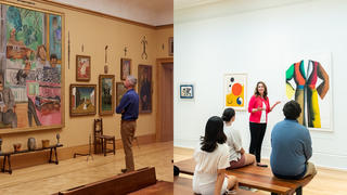 Left to right: The Barnes Foundation, Detail Room 19, North Wall and Erin Downey, PhD, assistant curator of the Frances M. Maguire Art Museum, speaking with Saint Joseph's students inside of a gallery. 