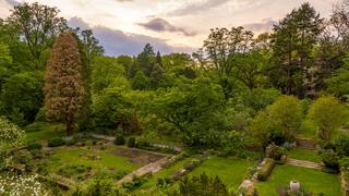 Aerial view of the Barnes Arboretum before sunset