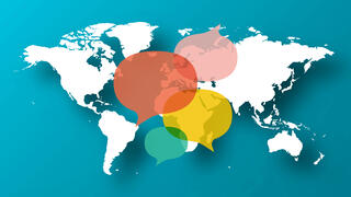 World map image with pink, yellow and red text boxes