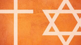 Christianity and Jewish symbols on an orange background