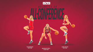 Red background with image of 3 SJU female basketball players and their name underneath their picture