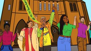 Colorful illustration of five people holding hands in front of a church with a banner that reads "We are the young people of the future ..."