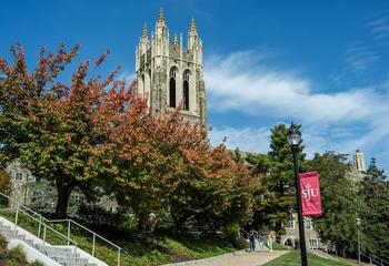 Saint Joseph's campus in fall with barbelin showing behind tree