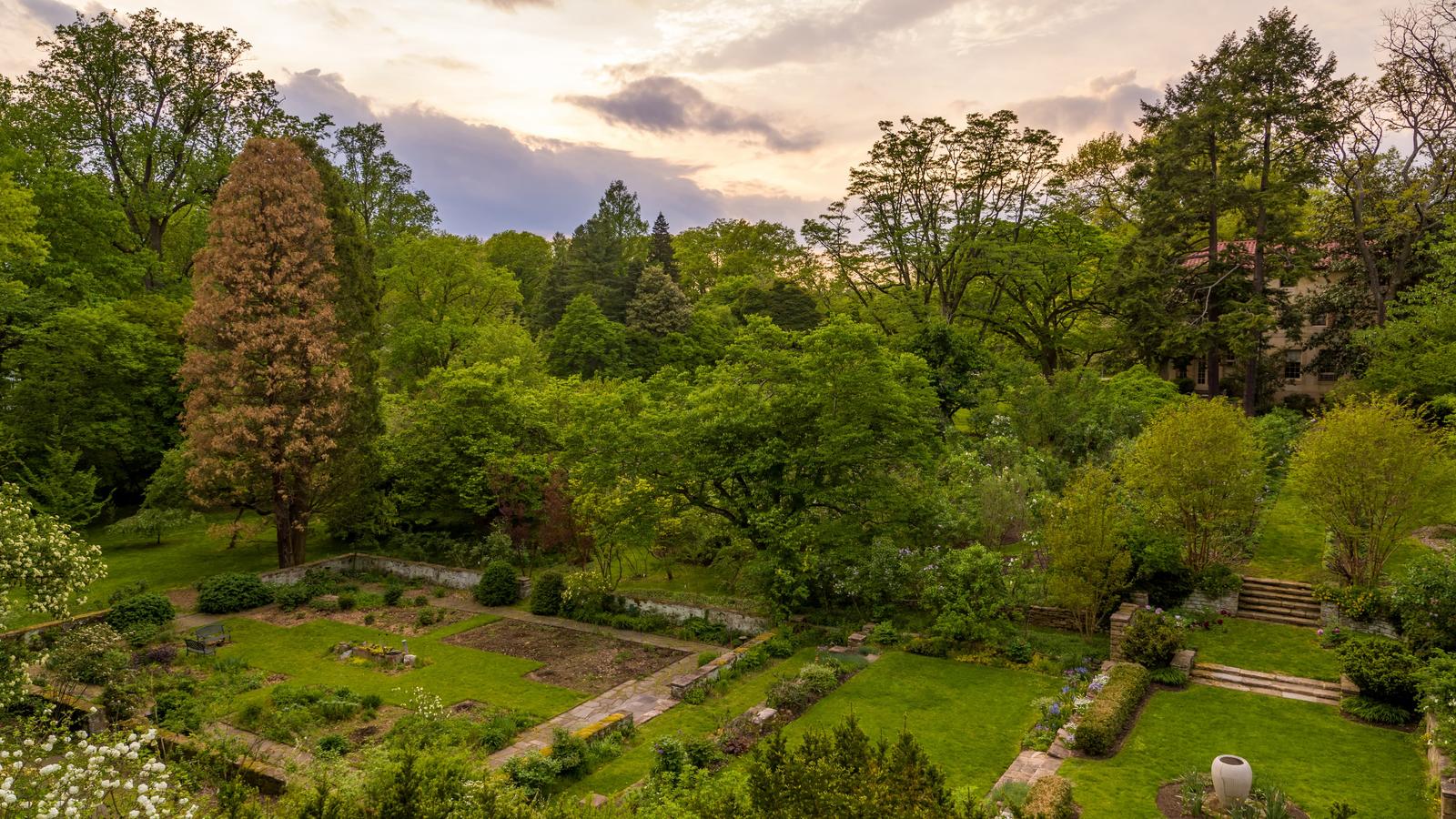 Aerial view of the Barnes Arboretum before sunset