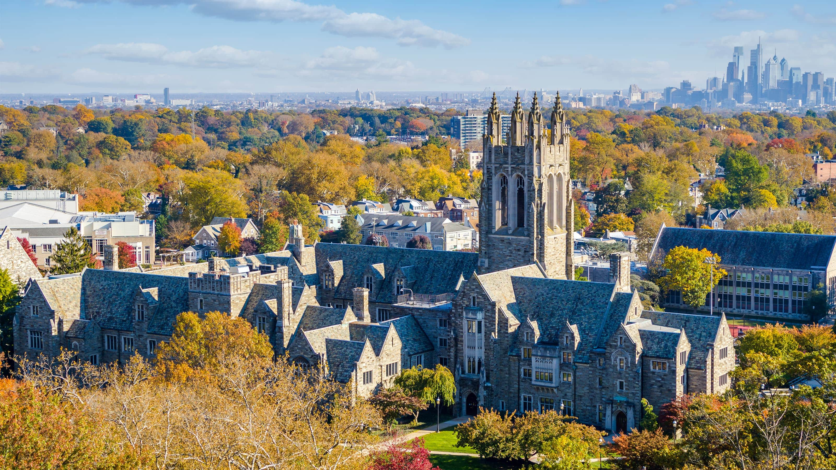 Aerial view of Saint Joseph's campus featuring Barbelin Hall in the fall