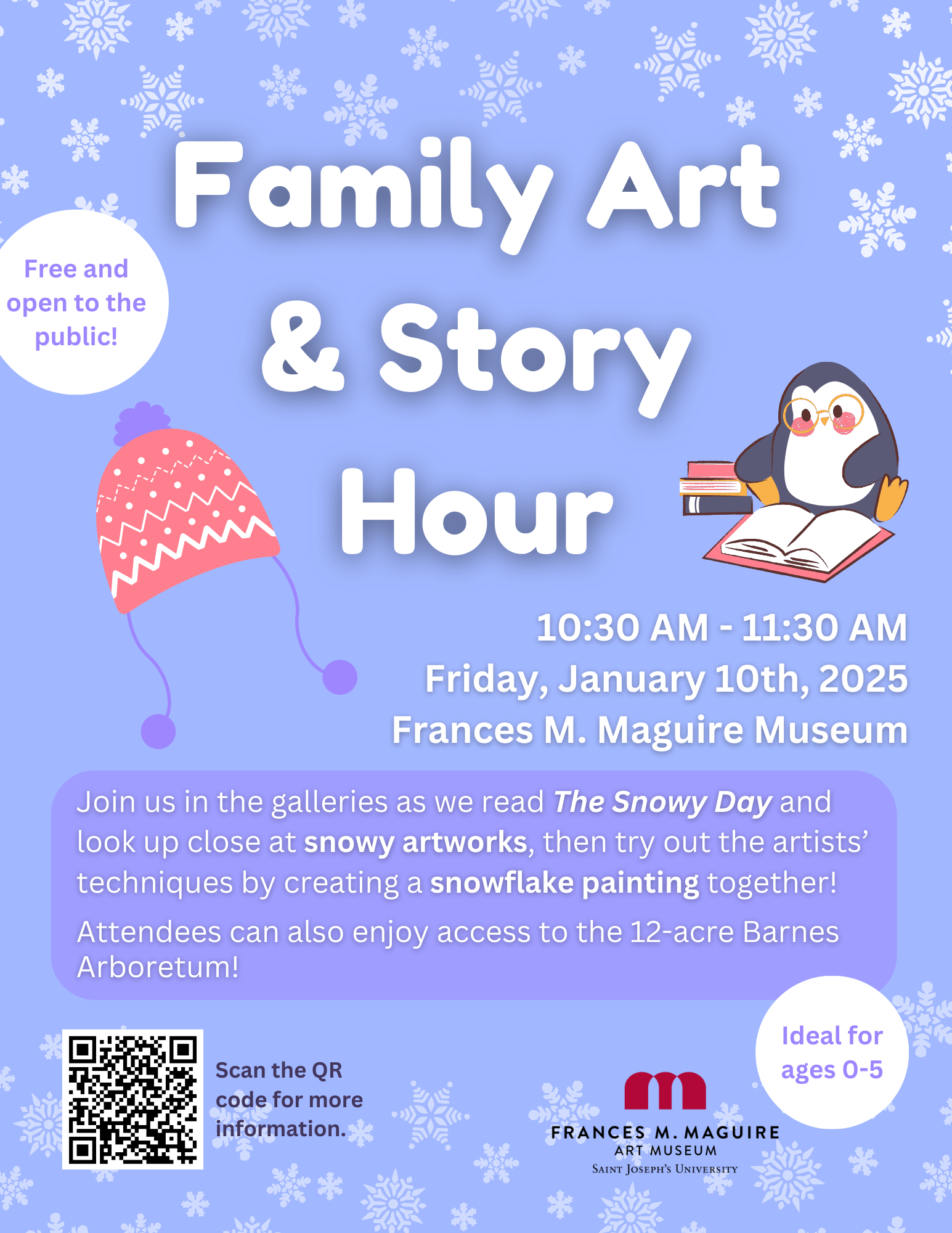 A flyer for January Family Art & Story at the Maguire Art Museum.