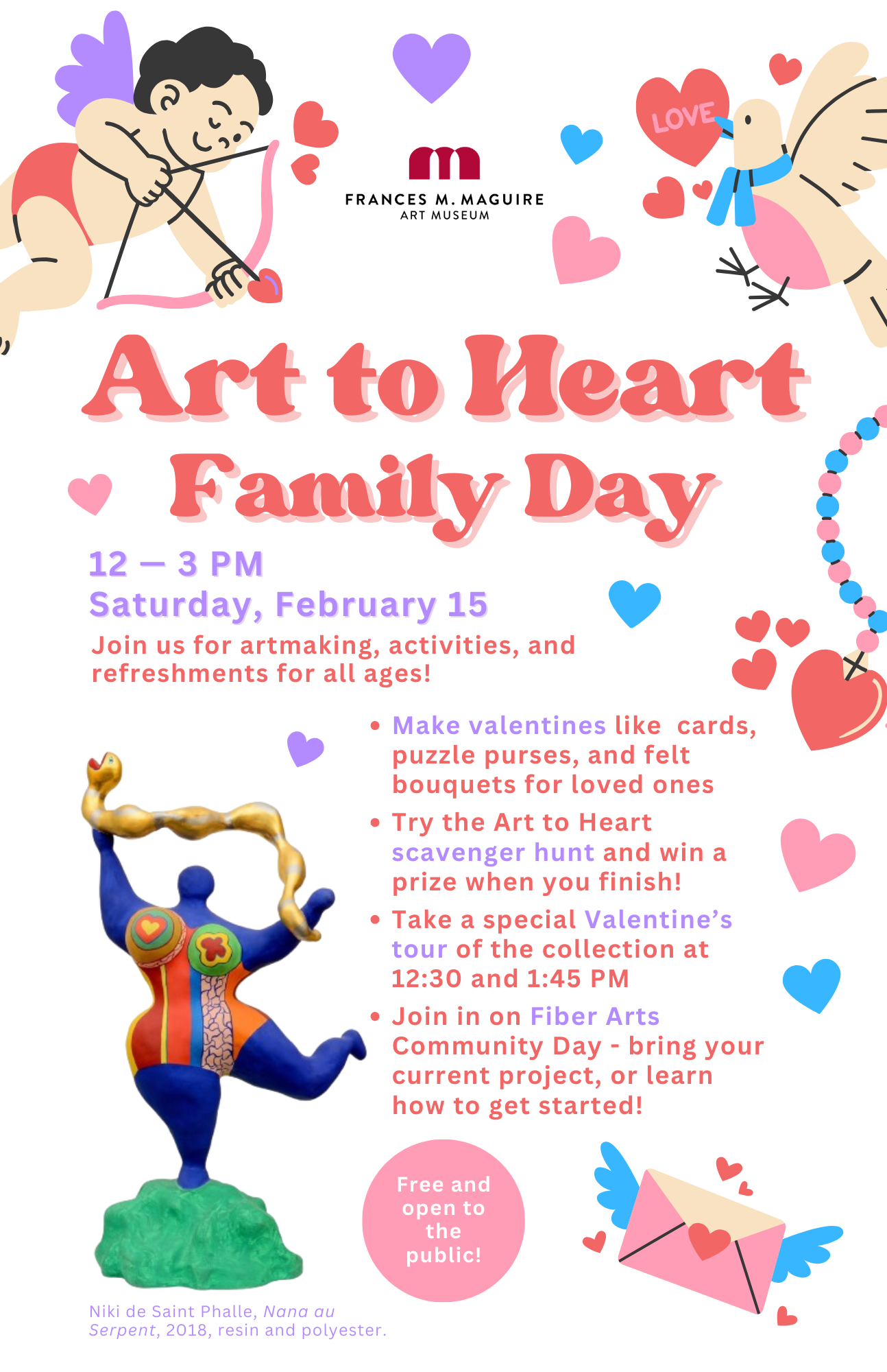 A flyer for Art to Heart Family Day on February 15, 12 - 3. The flyer has hearts, a cupid, a dove, a love letter, and a sculpture from the museum called Nana au serpent.