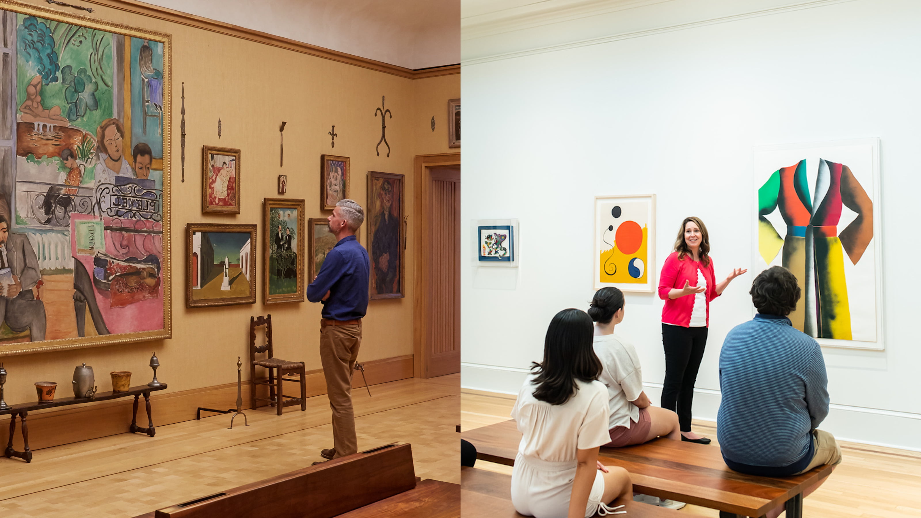 Left to right: The Barnes Foundation, Detail Room 19, North Wall and Erin Downey, PhD, assistant curator of the Frances M. Maguire Art Museum, speaking with Saint Joseph's students inside of a gallery. 