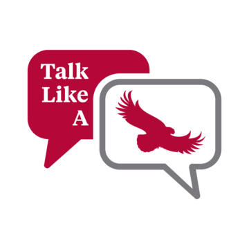 graphic that has two talking blurbs one that says talk like a hawk and the other is graphic of Saint Joseph's Hawk