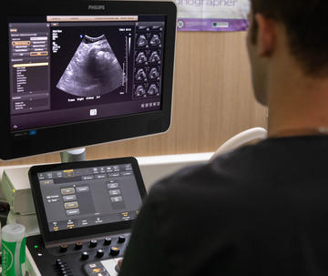 Male student looking at ultrasound images