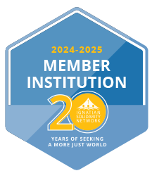 a hexigon blue logo that says "2024-2025 member institution.  20 years of seeking a more just world."